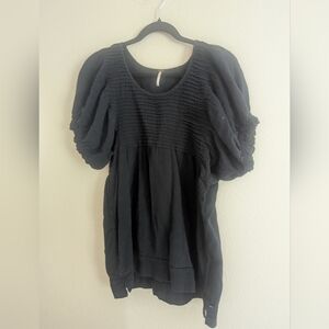 Free People Black Pintuck Puff-Sleeve Tunic